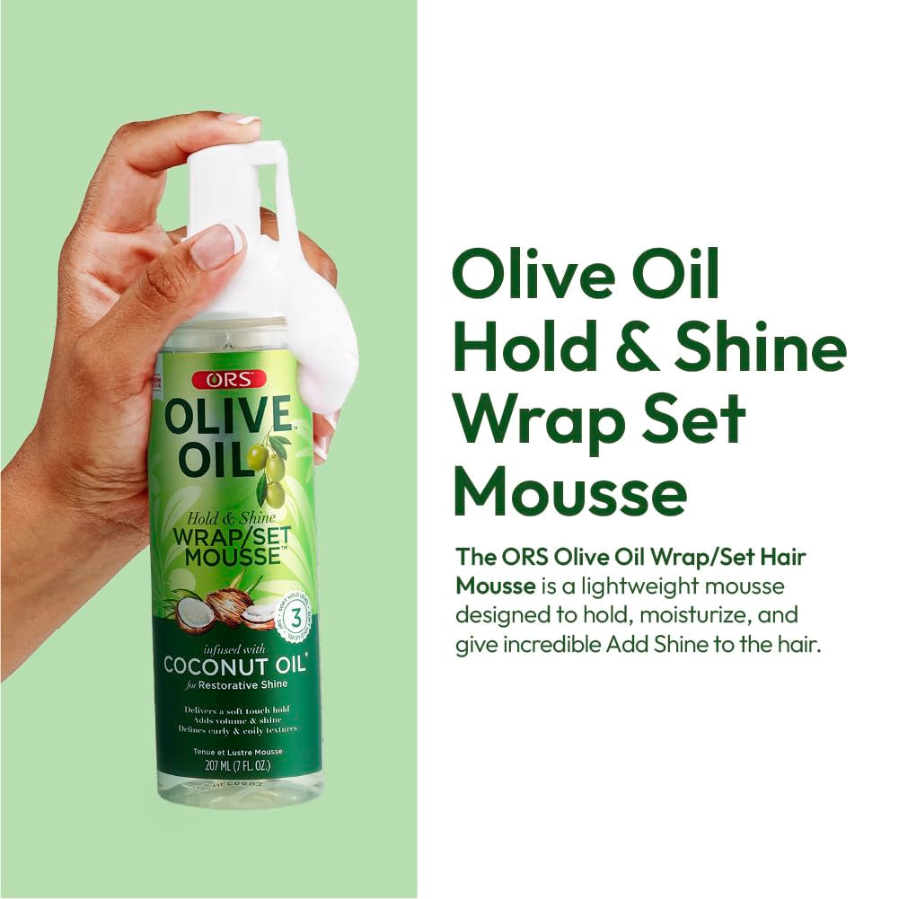 Olive Oil Hold & Shine Wrap Set Mousse Infused with Coconut Oil for Restorative Shine 7 Ounce