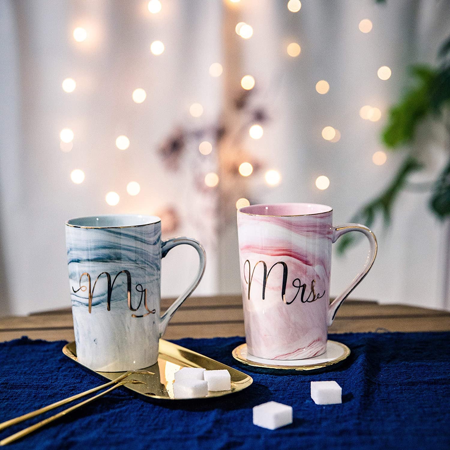 Wedding Gifts for Bride and Groom, Gifts for Bridal Shower Engagement Wedding and Married Couples Anniversary - Ceramic Marble Coffee Mugs with Real Gold Mr/Mrs Letters 14 Oz Pink