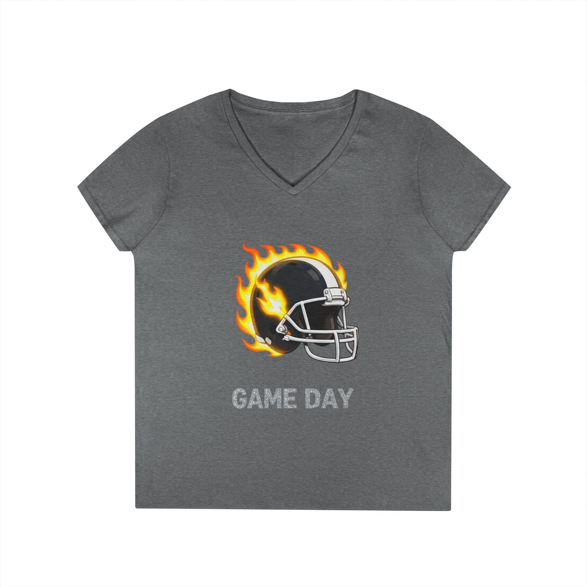 Football Mom V-Neck Tee — 'Game Day' Flaming Helmet & Bow Design