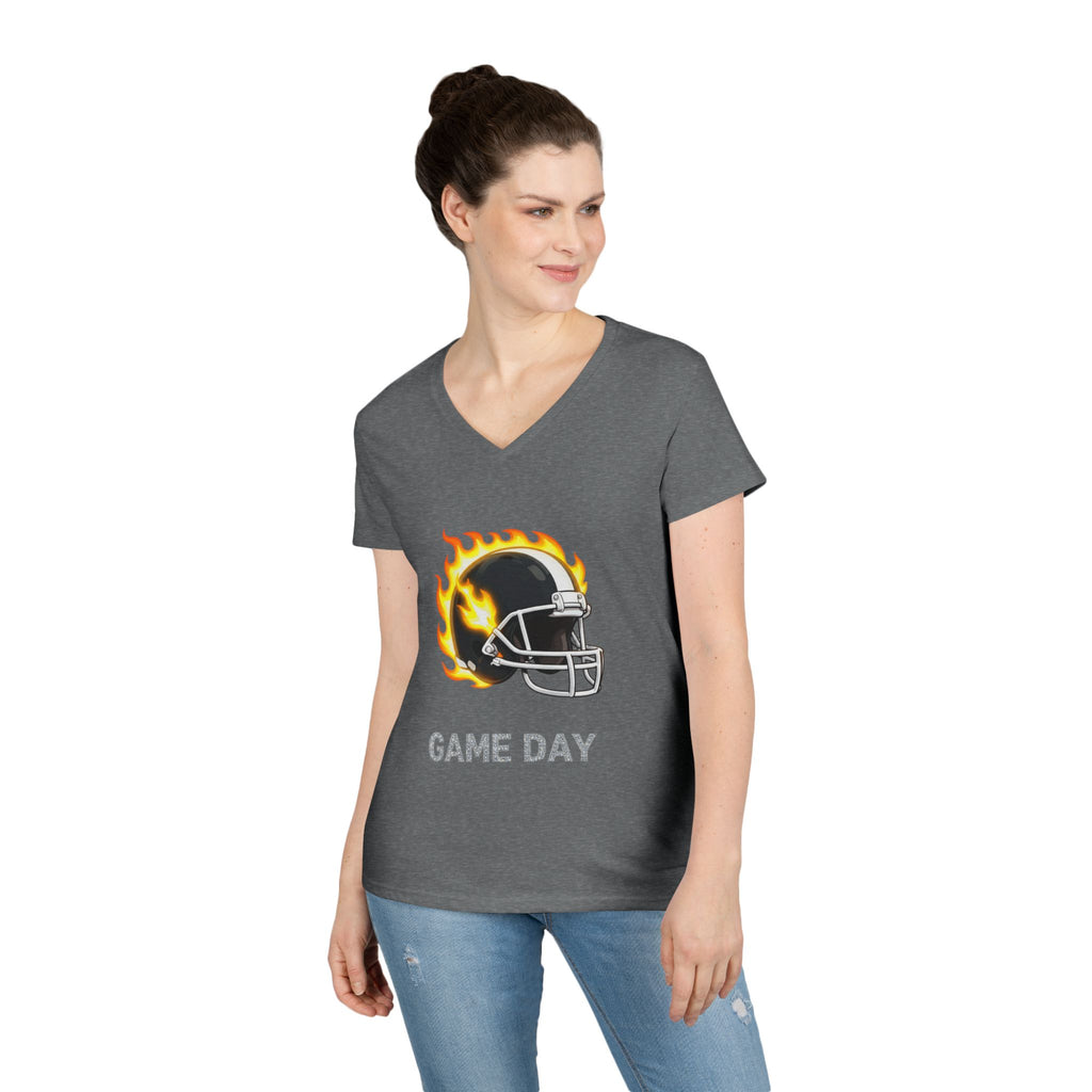Football Mom V-Neck Tee — 'Game Day' Flaming Helmet & Bow Design