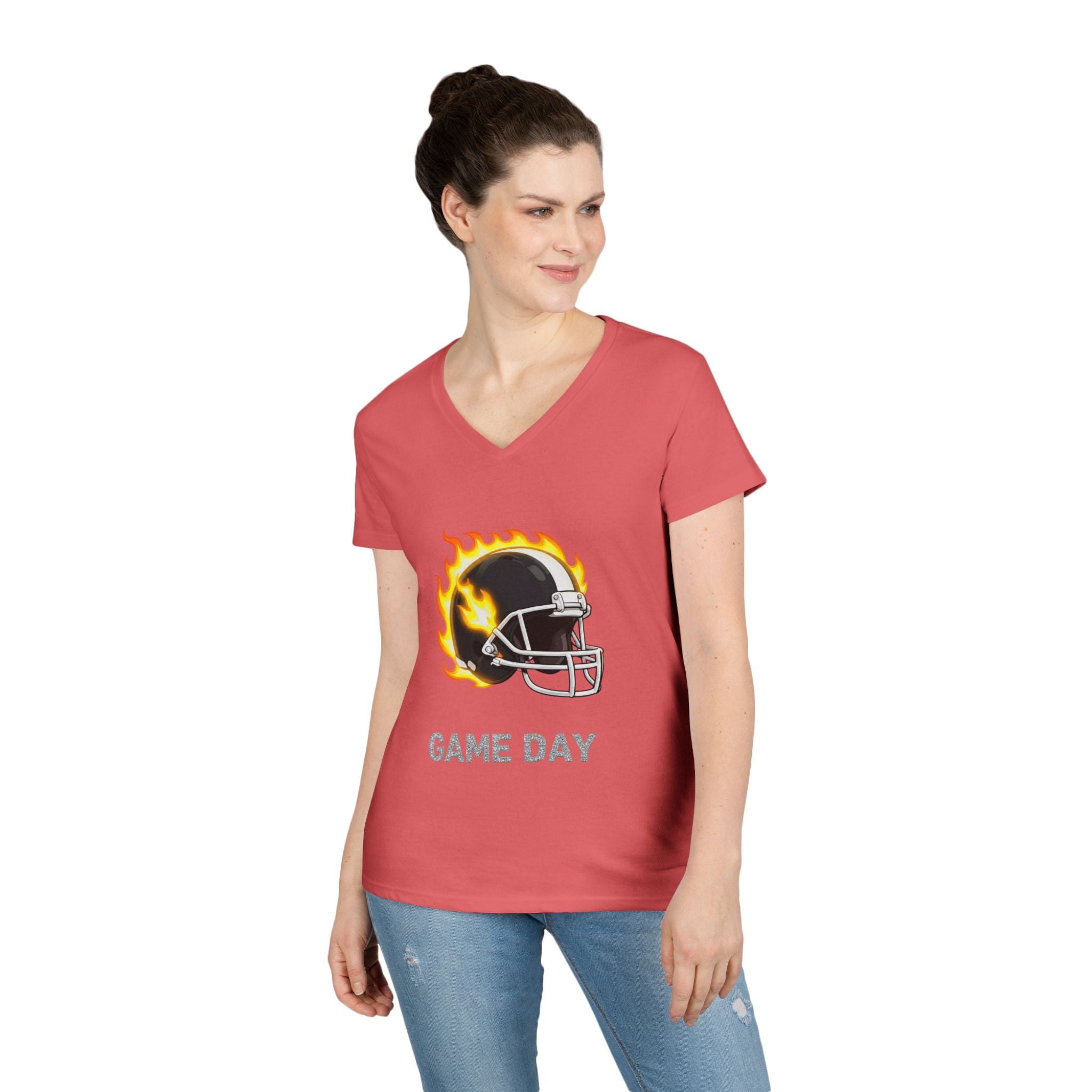 Football Mom V-Neck Tee — 'Game Day' Flaming Helmet & Bow Design