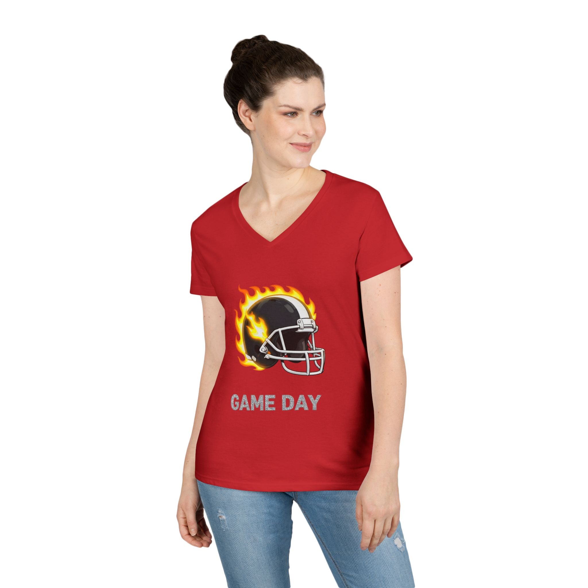 Football Mom V-Neck Tee — 'Game Day' Flaming Helmet & Bow Design