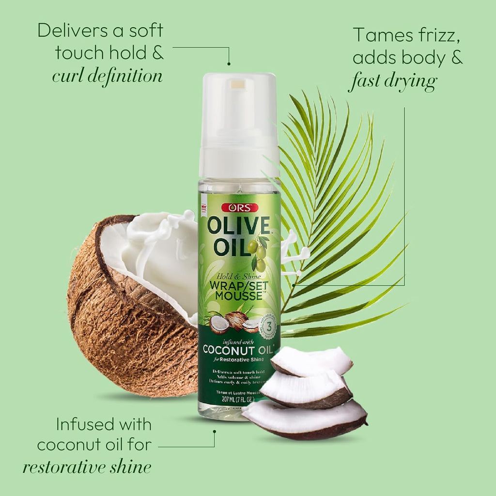 Olive Oil Hold & Shine Wrap Set Mousse Infused with Coconut Oil for Restorative Shine 7 Ounce
