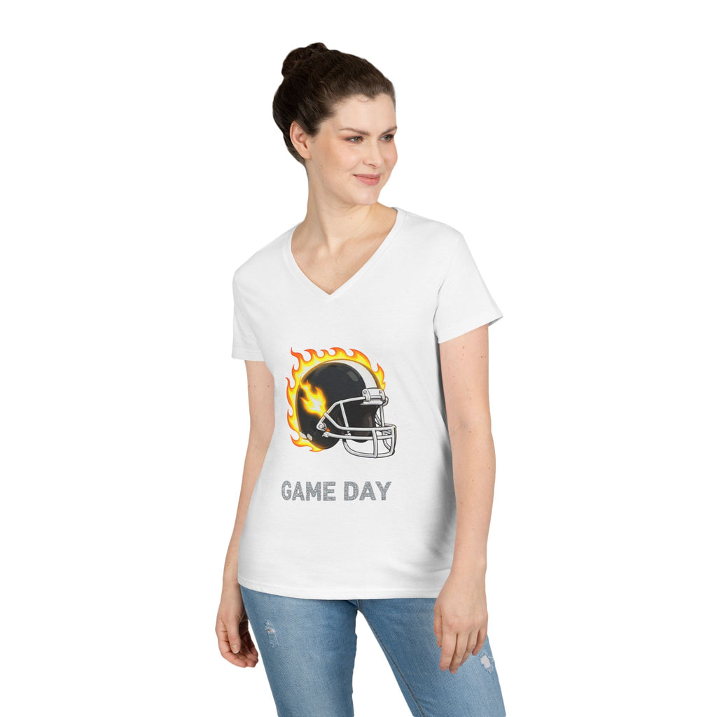 Football Mom V-Neck Tee — 'Game Day' Flaming Helmet & Bow Design