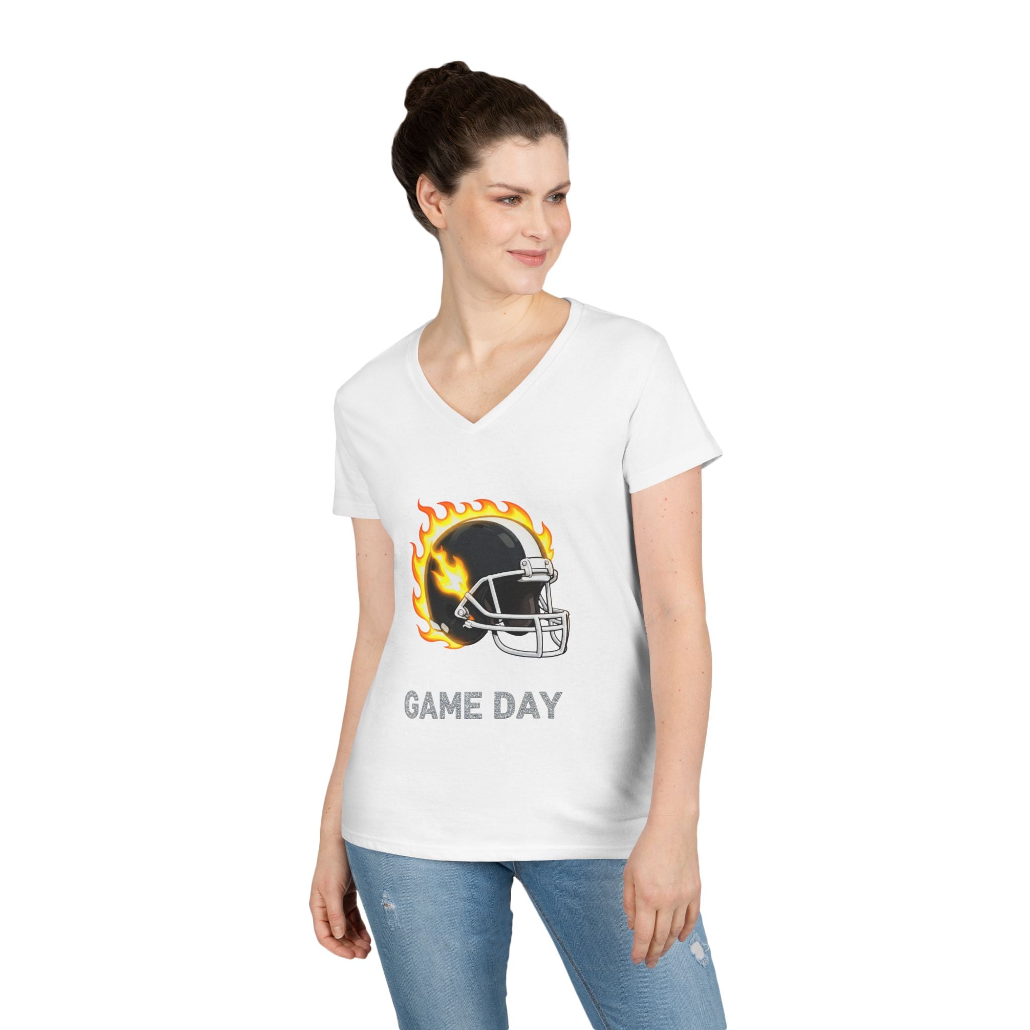 Football Mom V-Neck Tee — 'Game Day' Flaming Helmet & Bow Design