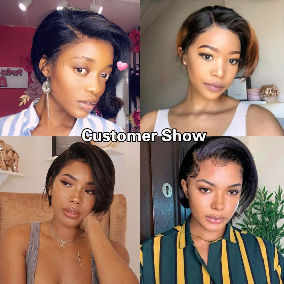 Short Bob Pixie Cut Lace Front Wig - 13X1 T-Part Human Hair Wig for Women - Brazilian Remy Straight Hair