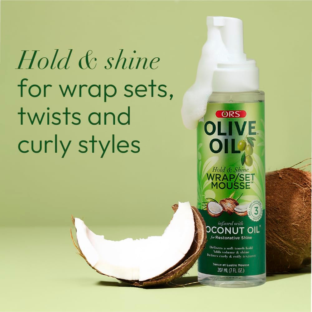 Olive Oil Hold & Shine Wrap Set Mousse Infused with Coconut Oil for Restorative Shine 7 Ounce