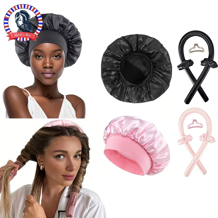 No Heat Hair Curler and Satin Sleeping Cap Set Heatless Hair Curling Headband Hair Claw Clip Hair Rings Soft Sleeping Hat Salon