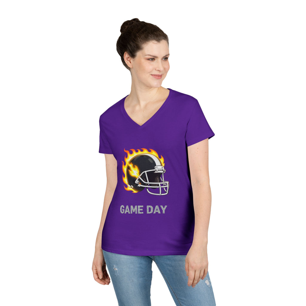 Football Mom V-Neck Tee — 'Game Day' Flaming Helmet & Bow Design