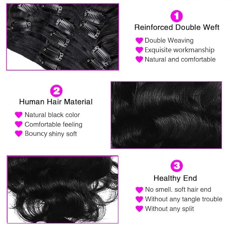 100% Brazilian Remy Clip-In Body Wave Hair Extensions - 8 Pieces, 120g with 18 Clips for Women