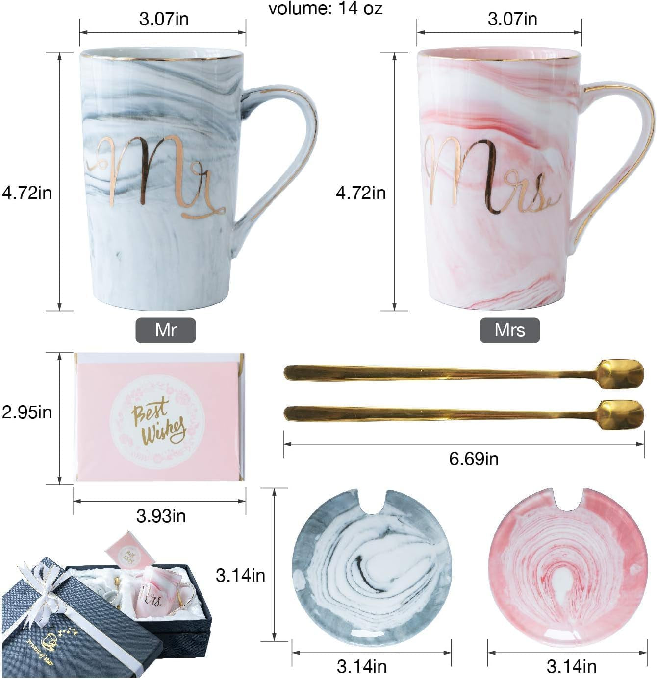 Wedding Gifts for Bride and Groom, Gifts for Bridal Shower Engagement Wedding and Married Couples Anniversary - Ceramic Marble Coffee Mugs with Real Gold Mr/Mrs Letters 14 Oz Pink