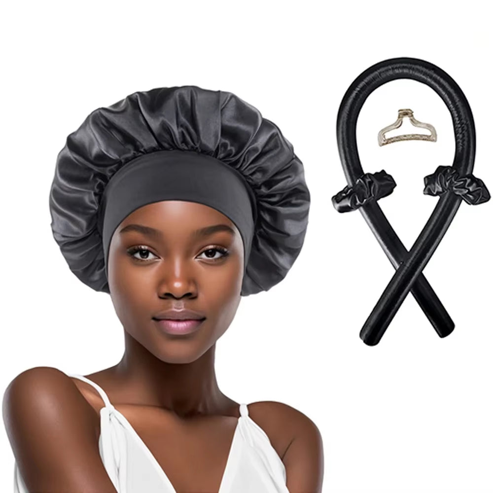 No Heat Hair Curler and Satin Sleeping Cap Set Heatless Hair Curling Headband Hair Claw Clip Hair Rings Soft Sleeping Hat Salon