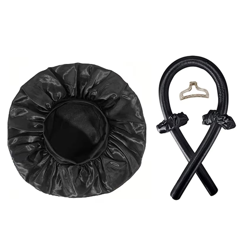 No Heat Hair Curler and Satin Sleeping Cap Set Heatless Hair Curling Headband Hair Claw Clip Hair Rings Soft Sleeping Hat Salon