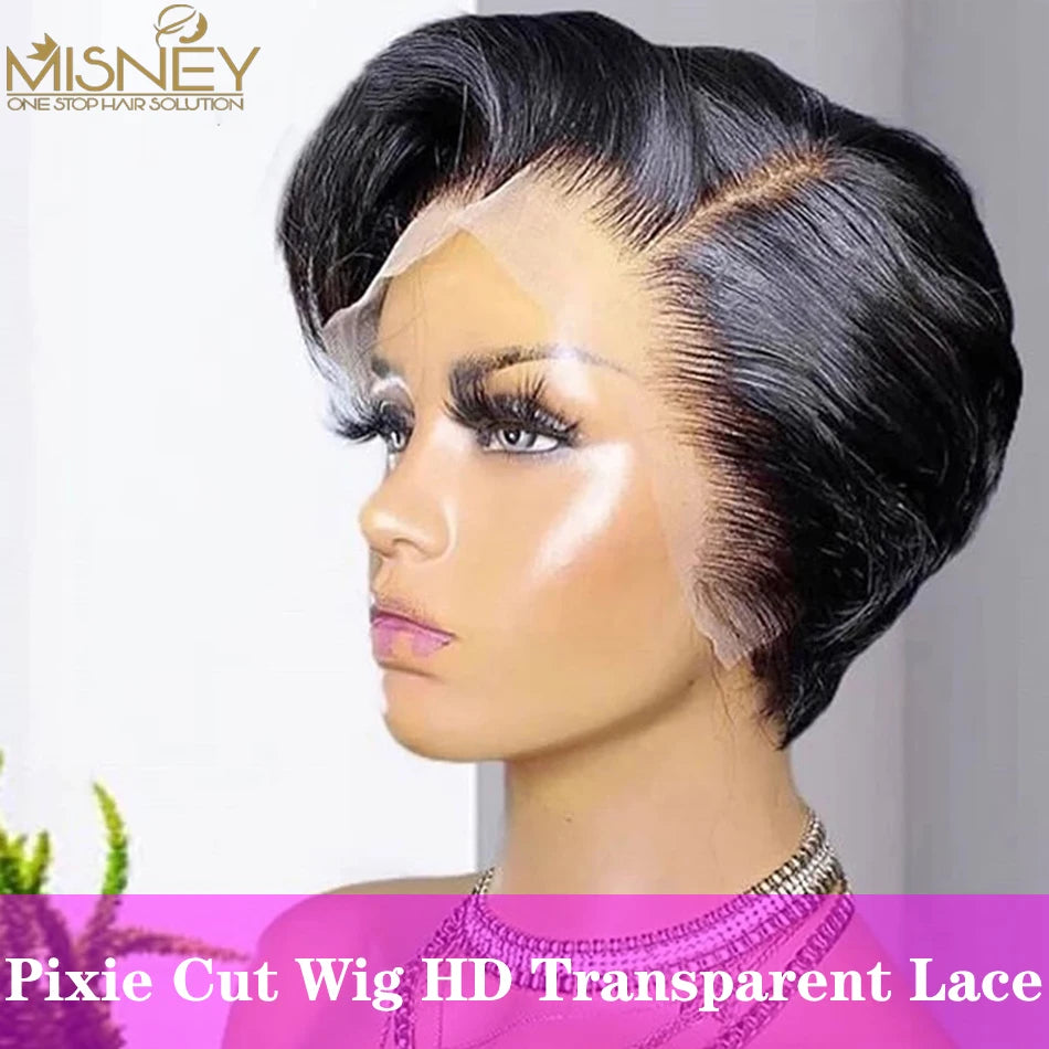 Short Bob Pixie Cut Lace Front Wig - 13X1 T-Part Human Hair Wig for Women - Brazilian Remy Straight Hair