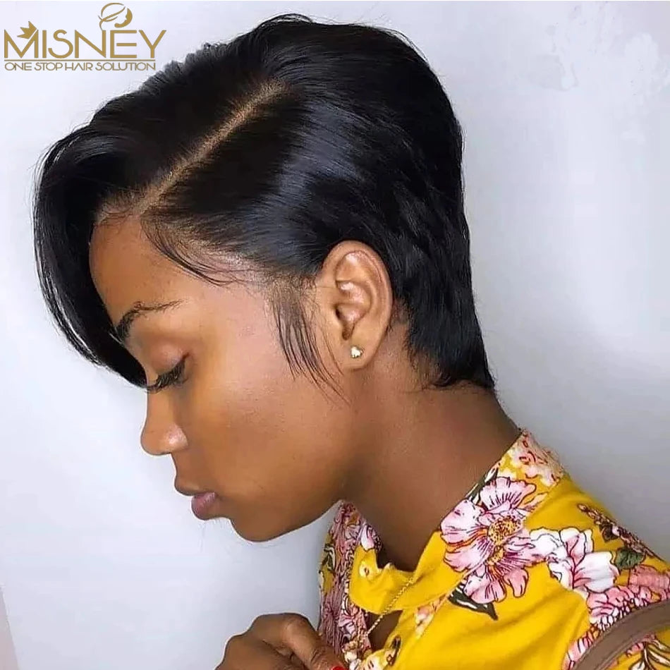 Short Bob Pixie Cut Lace Front Wig - 13X1 T-Part Human Hair Wig for Women - Brazilian Remy Straight Hair