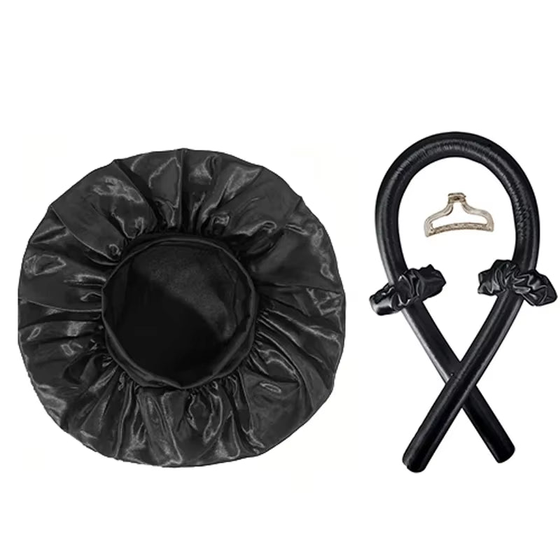 No Heat Hair Curler and Satin Sleeping Cap Set Heatless Hair Curling Headband Hair Claw Clip Hair Rings Soft Sleeping Hat Salon