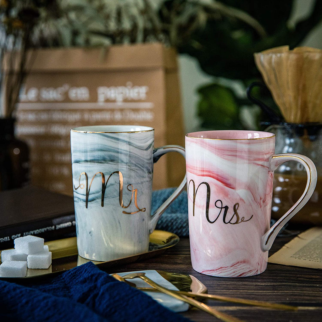 Wedding Gifts for Bride and Groom, Gifts for Bridal Shower Engagement Wedding and Married Couples Anniversary - Ceramic Marble Coffee Mugs with Real Gold Mr/Mrs Letters 14 Oz Pink