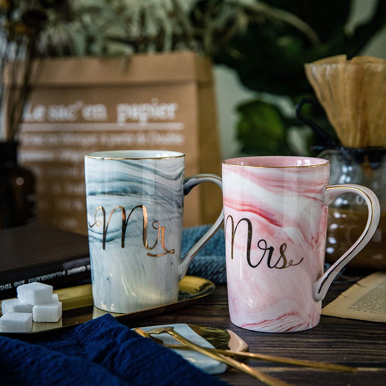 Wedding Gifts for Bride and Groom, Gifts for Bridal Shower Engagement Wedding and Married Couples Anniversary - Ceramic Marble Coffee Mugs with Real Gold Mr/Mrs Letters 14 Oz Pink