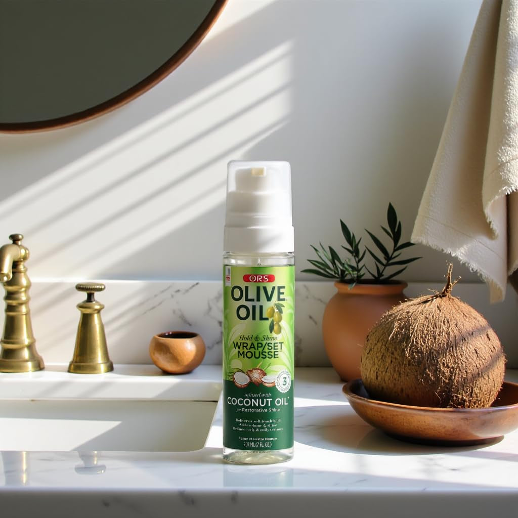 Olive Oil Hold & Shine Wrap Set Mousse Infused with Coconut Oil for Restorative Shine 7 Ounce