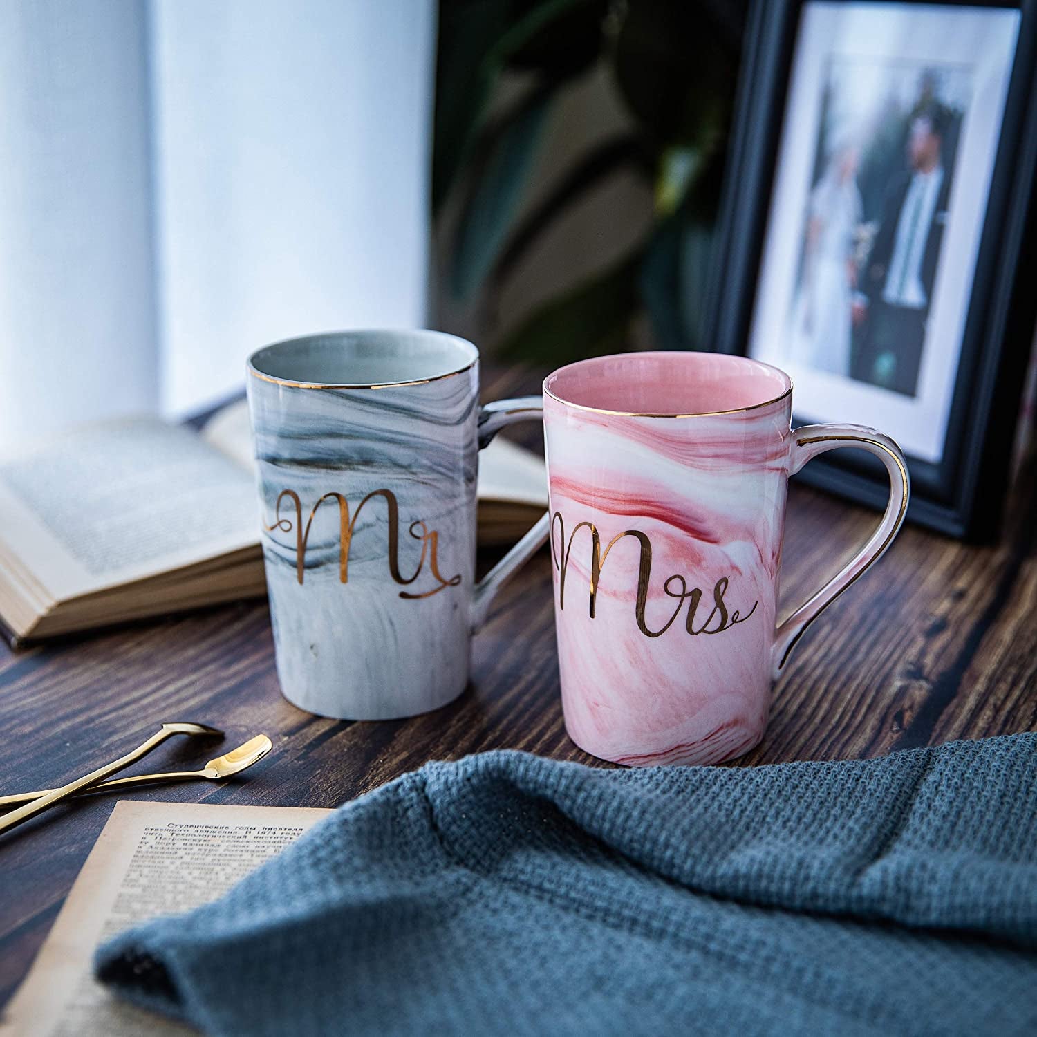 Wedding Gifts for Bride and Groom, Gifts for Bridal Shower Engagement Wedding and Married Couples Anniversary - Ceramic Marble Coffee Mugs with Real Gold Mr/Mrs Letters 14 Oz Pink