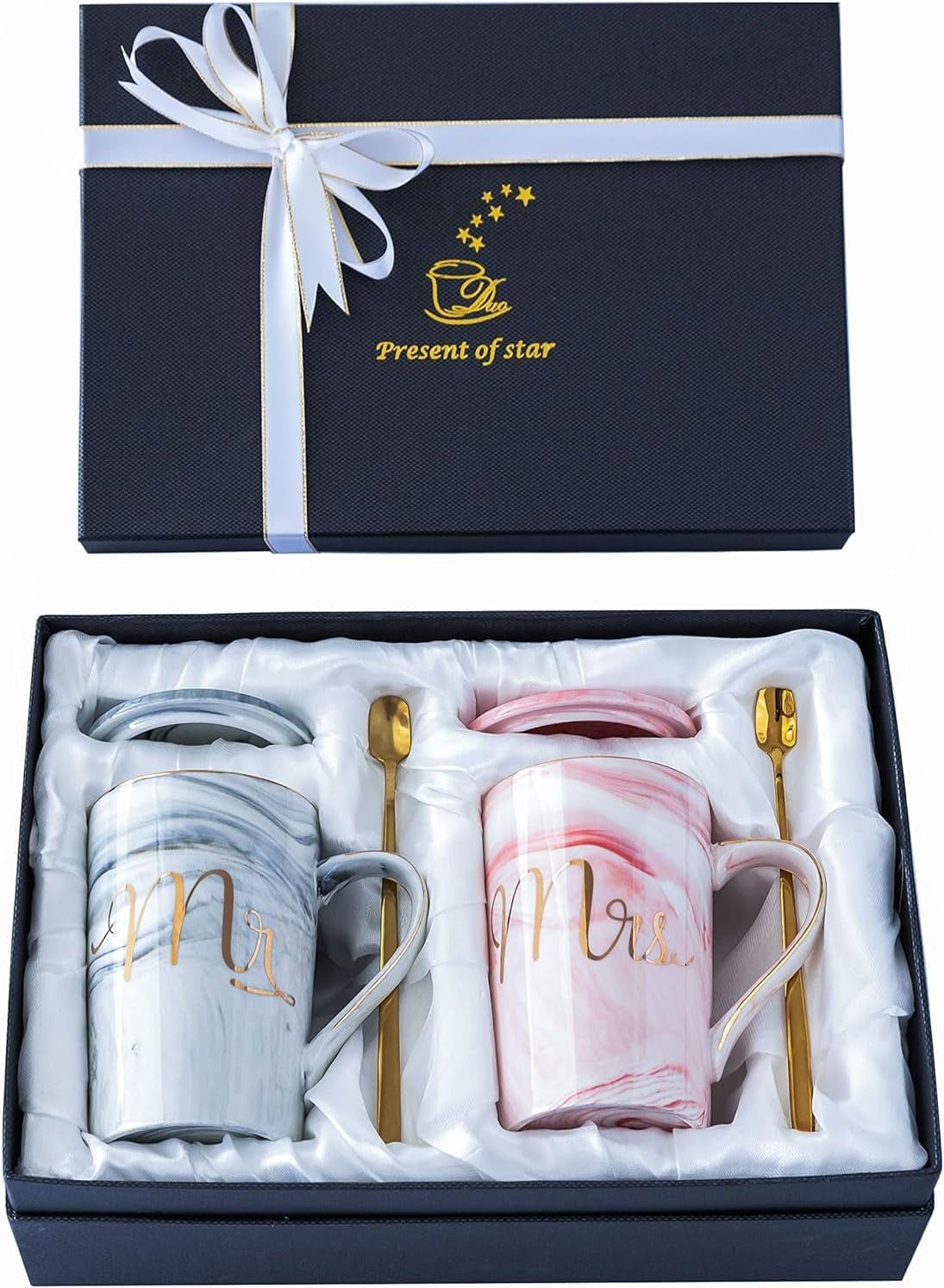Wedding Gifts for Bride and Groom, Gifts for Bridal Shower Engagement Wedding and Married Couples Anniversary - Ceramic Marble Coffee Mugs with Real Gold Mr/Mrs Letters 14 Oz Pink