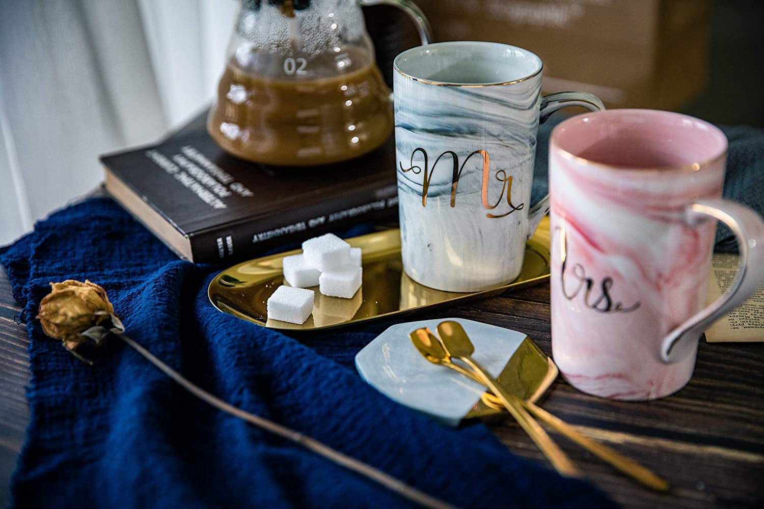 Wedding Gifts for Bride and Groom, Gifts for Bridal Shower Engagement Wedding and Married Couples Anniversary - Ceramic Marble Coffee Mugs with Real Gold Mr/Mrs Letters 14 Oz Pink