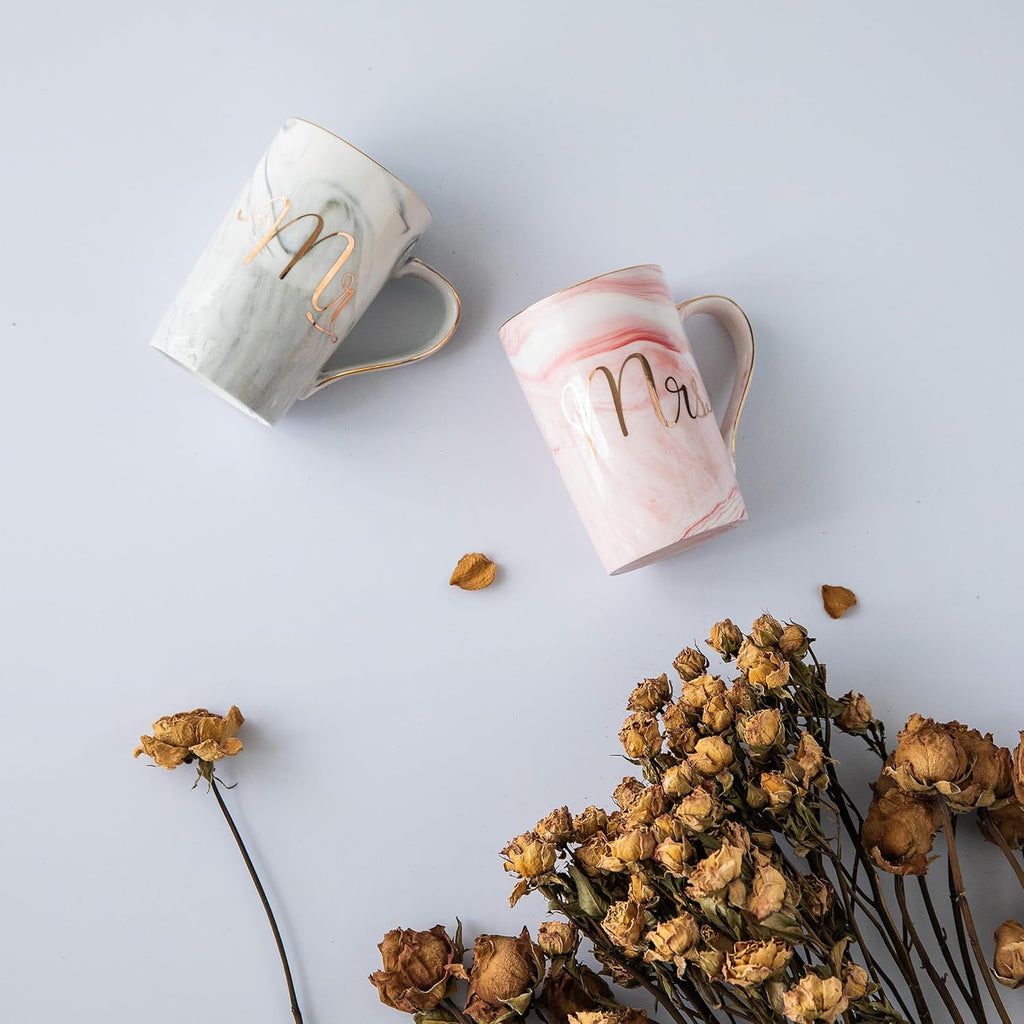 Wedding Gifts for Bride and Groom, Gifts for Bridal Shower Engagement Wedding and Married Couples Anniversary - Ceramic Marble Coffee Mugs with Real Gold Mr/Mrs Letters 14 Oz Pink
