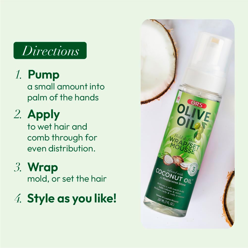 Olive Oil Hold & Shine Wrap Set Mousse Infused with Coconut Oil for Restorative Shine 7 Ounce